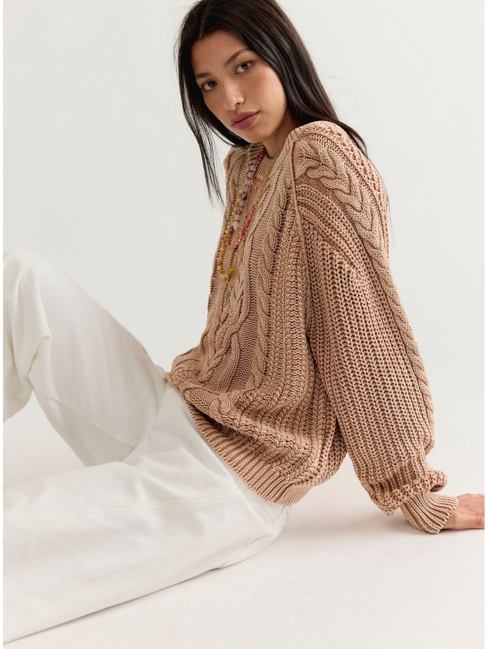 Free People Cable Knit Crewneck Sweater - Tan - Picture 3 of 3